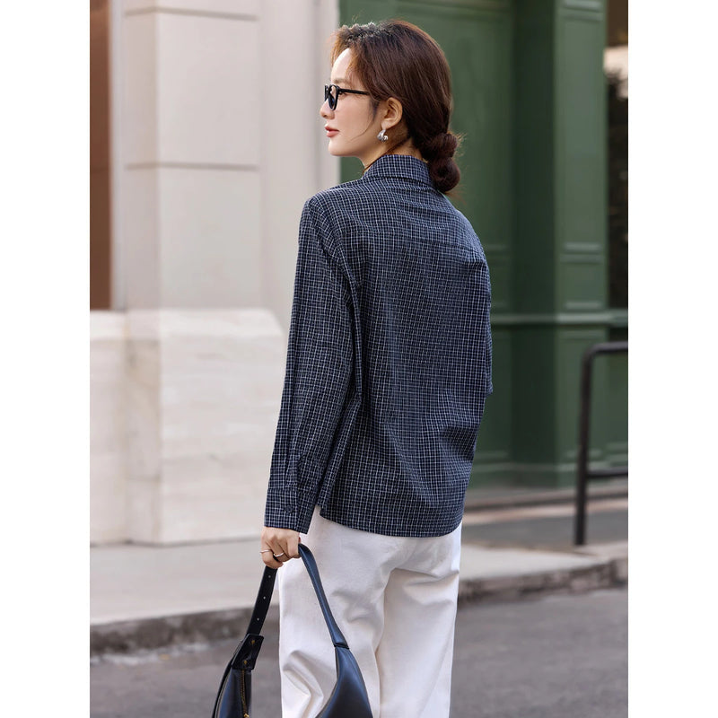 Women's Plaid Cotton Shirt Spring Fall Navy Blue Button Down Long Sleeve.