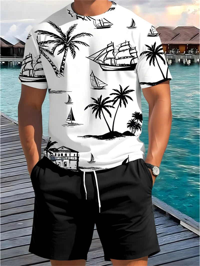 Summer Men's Short Sleeve Palm Tree Print T Shirt Fashion.