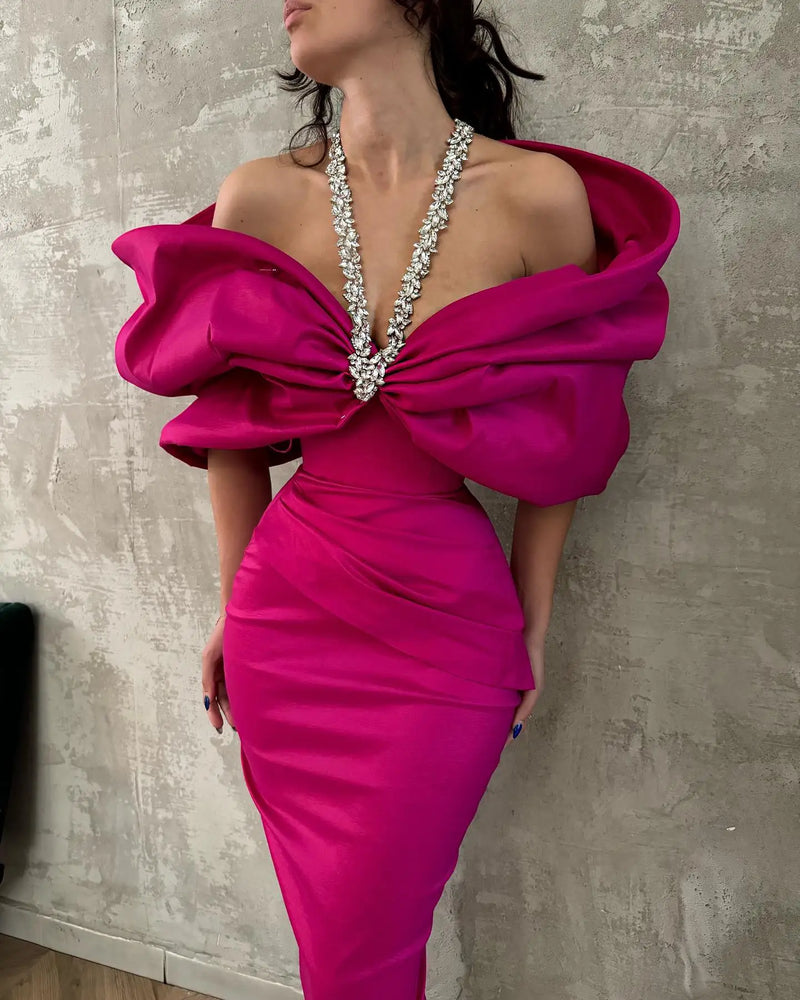 Red Black Women Sexy Halter Off the Shoulder Crystal Ruffles Bodycon Long Bandage Dress.