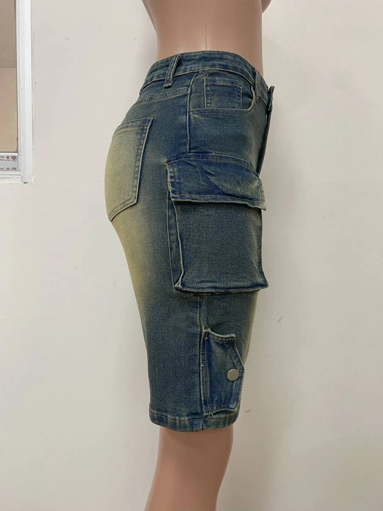 Summer Women High Waisted Jean Shorts Washed Pockets Elastic Straight.