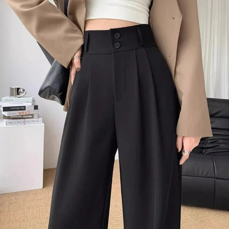 Elegant Wide Leg Pants Women Korean Style High Waist Black Baggy Pants.