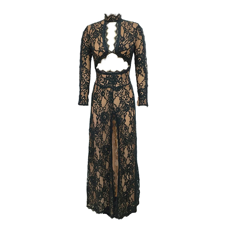 Women’s VC Black Lace Cut Out Long Dress Backless High Split.