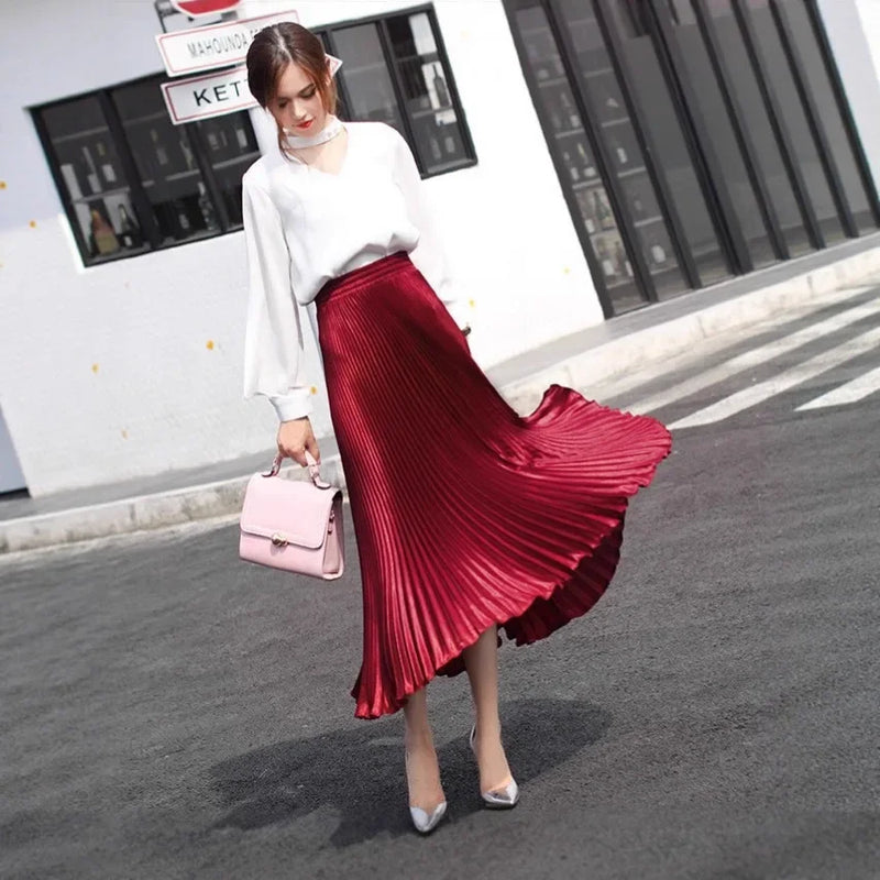 Women's Long Satin Metal Luster Pleated Skirt Half-length Accordion Skirt.
