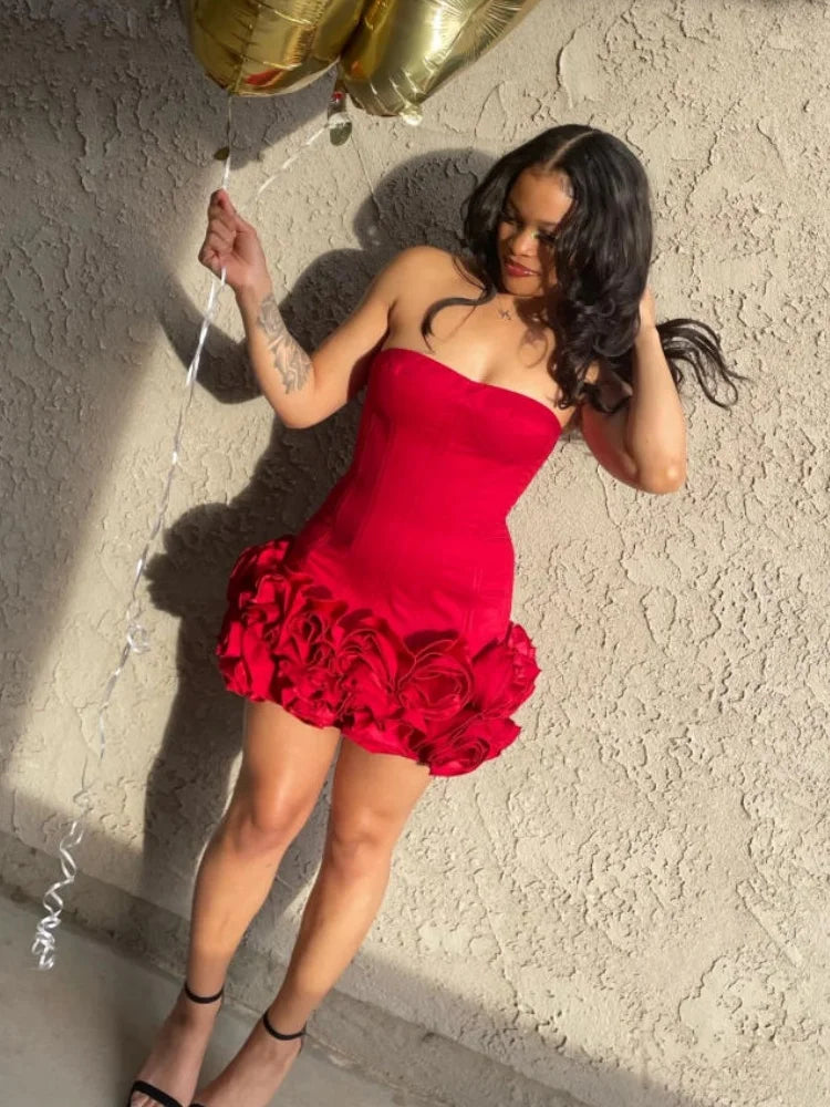 VC Christmas Dress Strapless Backless Red Structured Floral Embellished Mini Length.