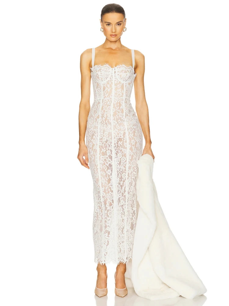 Sexy Spaghetti Strap V Neck Lace Long Dress Women.