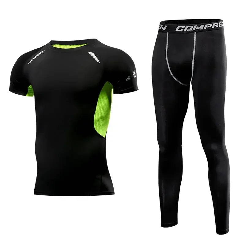 Men Sports Running Set Compression Shirt + Pants Skin-Tight Long Sleeves.