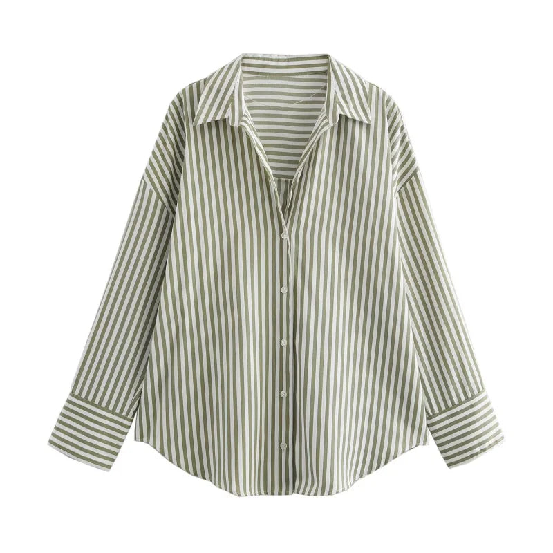 Women's spring new Europe-American fashion striped long sleeve lapel loose.