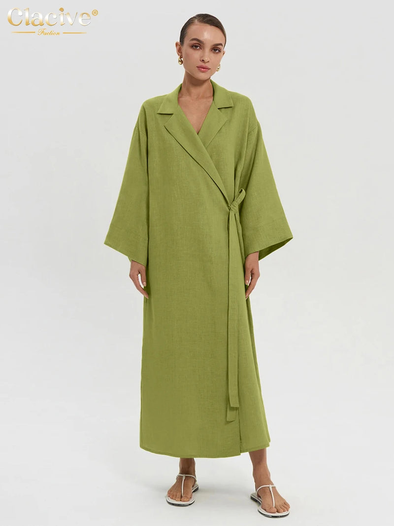 Ladies Fashion Lapel Long Sleeve Ankle Length Dress Elegant Lace-Up Dresses For Women.