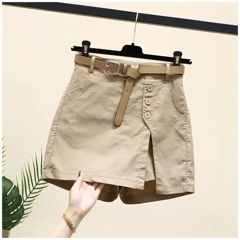 Solid Shorts Women Korean Fashion High Waist Side-slit Button Designed Chic.
