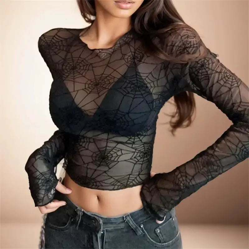 Spider Mesh Yarn Crop Top Long Sleeves Top Sexy Black Fairy Grunge.
