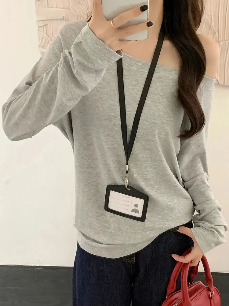 Oversize Off shoulder Long sleeve T shirt Women Solid color Casual Tops.