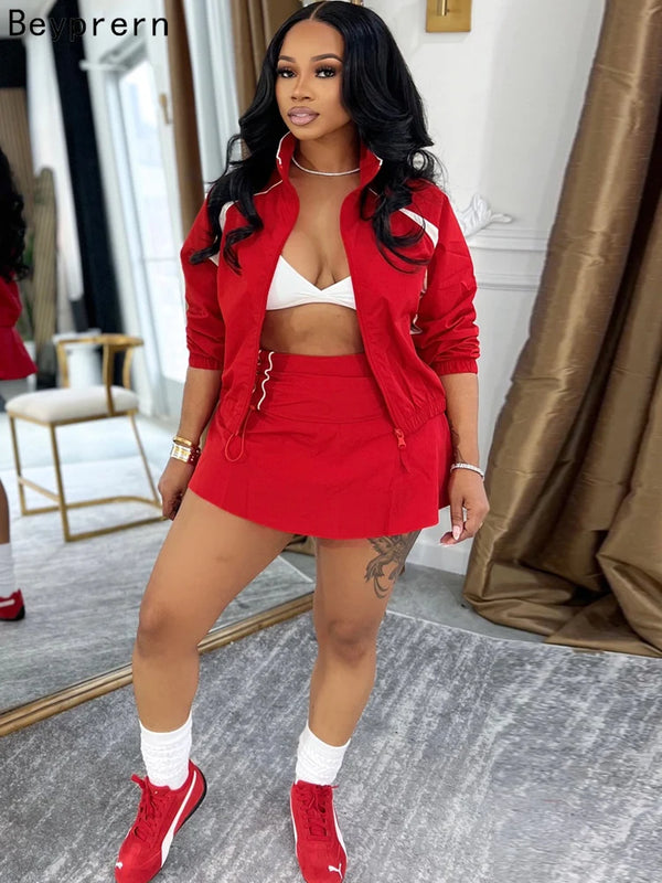 Beyprern Red Sporty 2 Piece Set Women New Casual Zip Up Jacket and Mini Skirt.