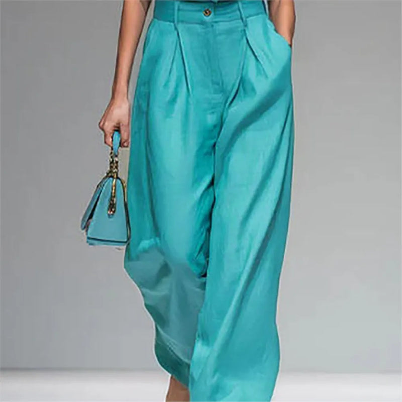 Fashion Stand-up Collar Single-breasted Pocket Vest Women Trousers Suit Spring Summer.