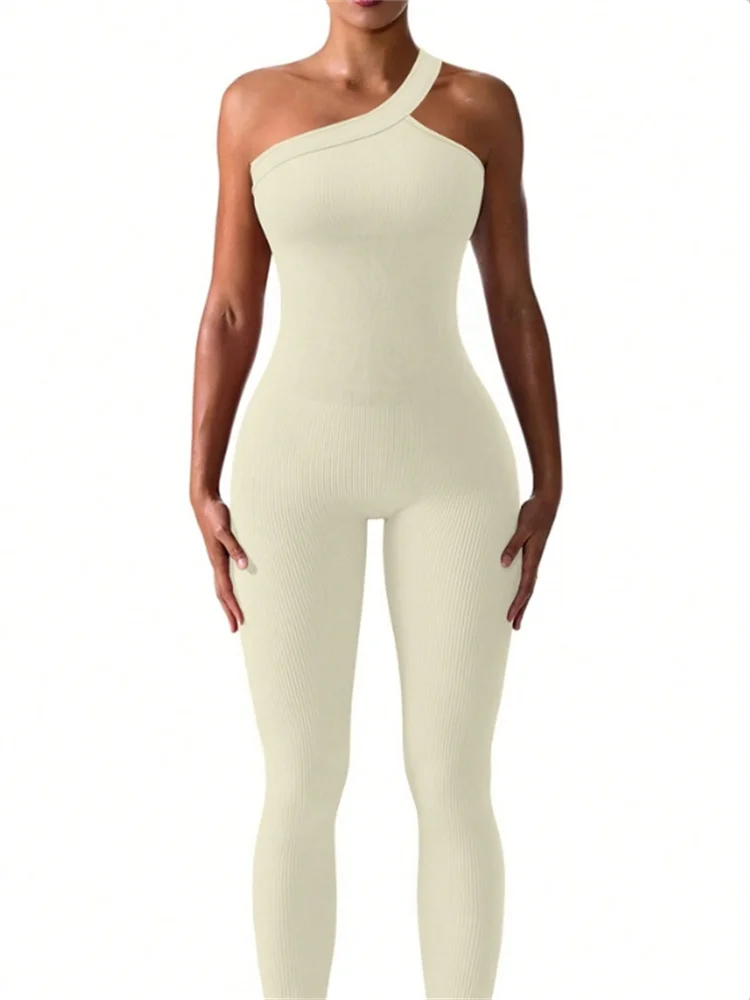 Women Yoga Jumpsuits Workout Ribbed One Shoulder One Piece Sport.