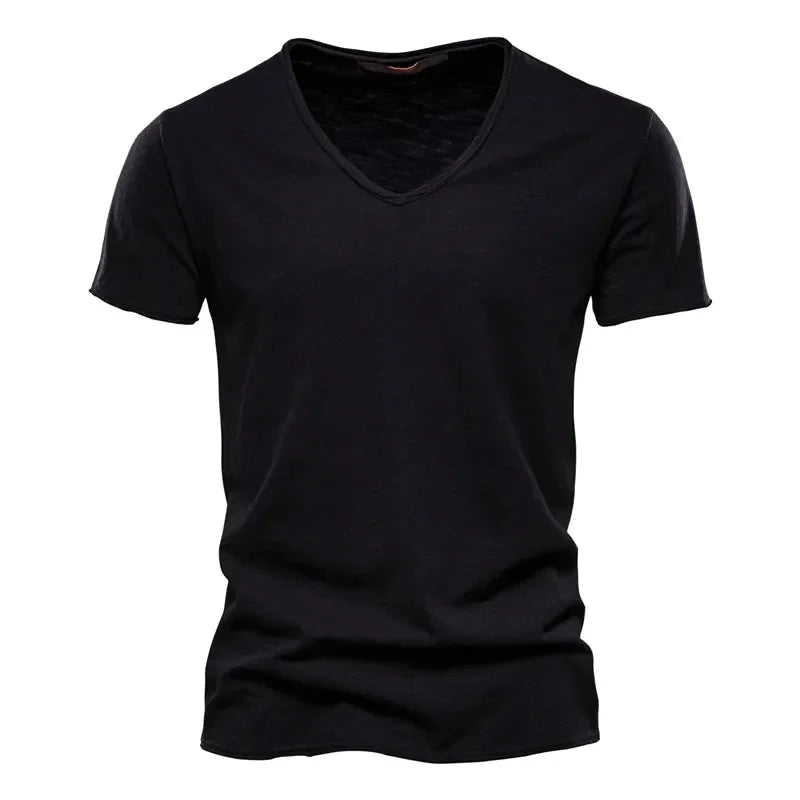 Spring Summer Cotton T Shirts Men Simple VNeck Stretch.