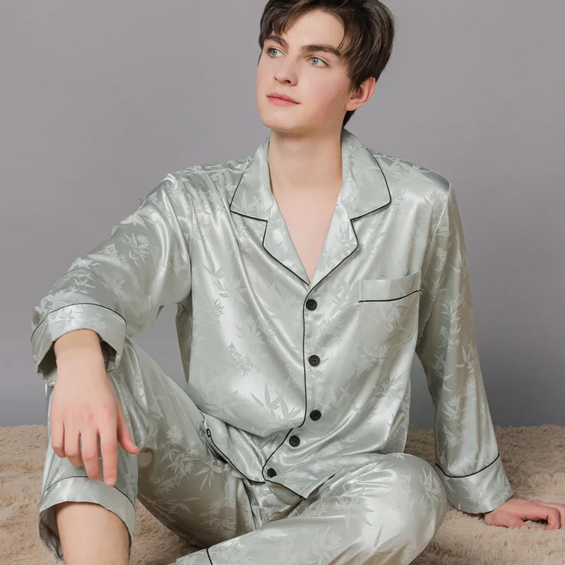 Men Ice Silk Pajamas Suit Summer Plus Size.