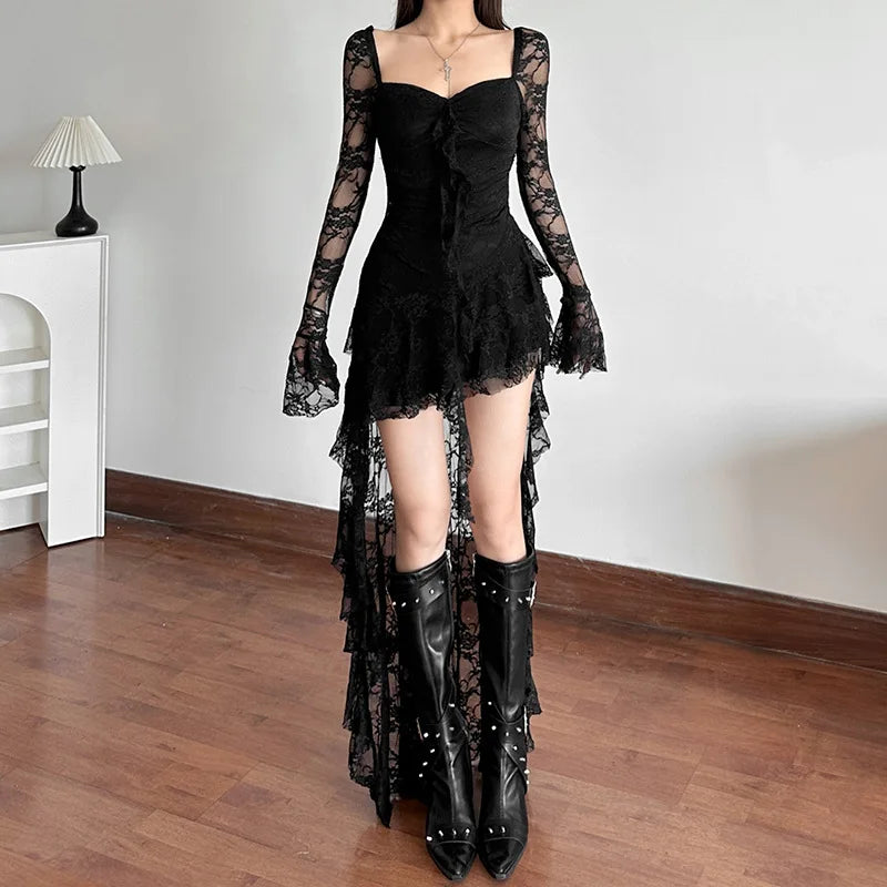 Women’s Goth Dark Fairycore Lace Flare Sleeve Square Neck A-line Dress.