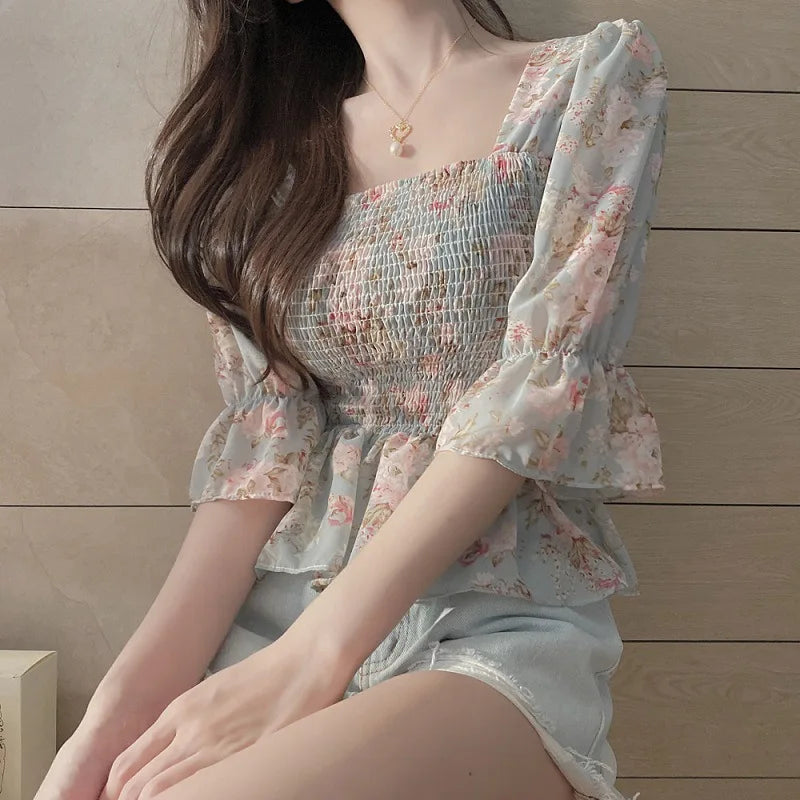 Blouses Women Slim Floral Print Lantern Sleeve Elegant Female.