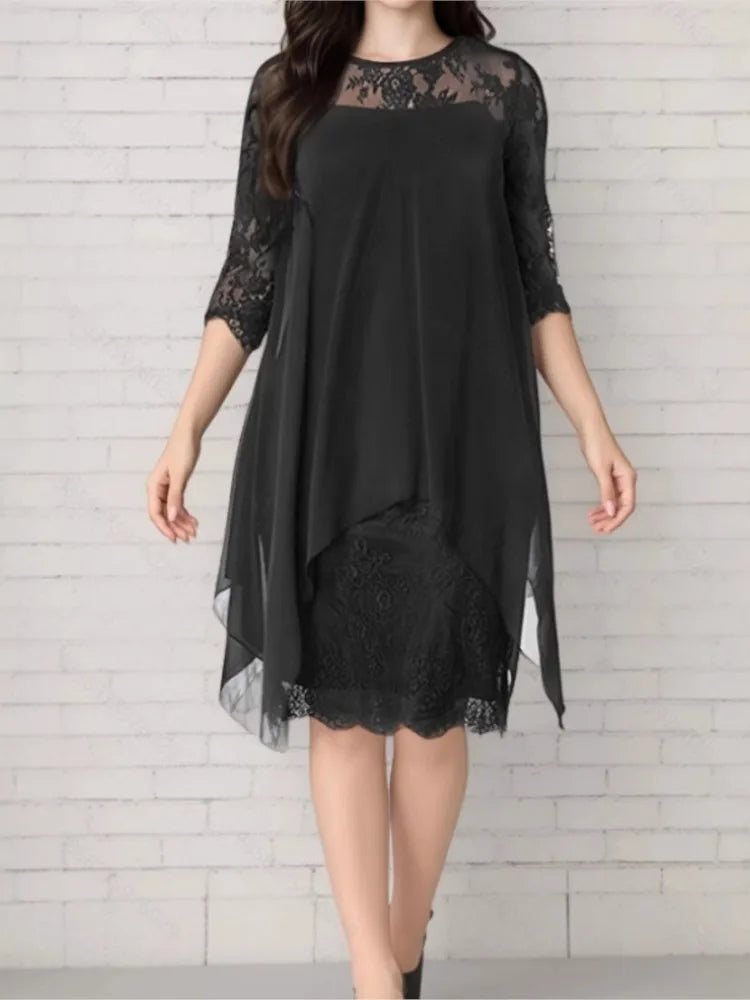 Plus Size Female Dresses Lace Patchwork Asymmetric Hem Loose Waist Three-quarter.