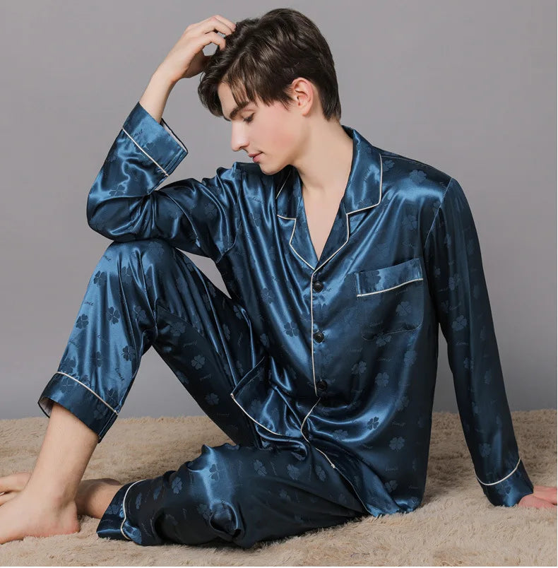 Men Ice Silk Pajamas Suit Summer Plus Size.