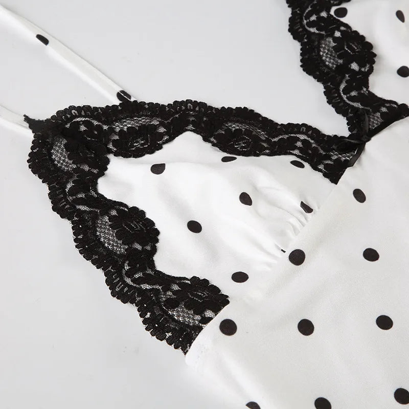 Women's Elegant Retro V-Neck Polka Dot Sleeveless Dress.