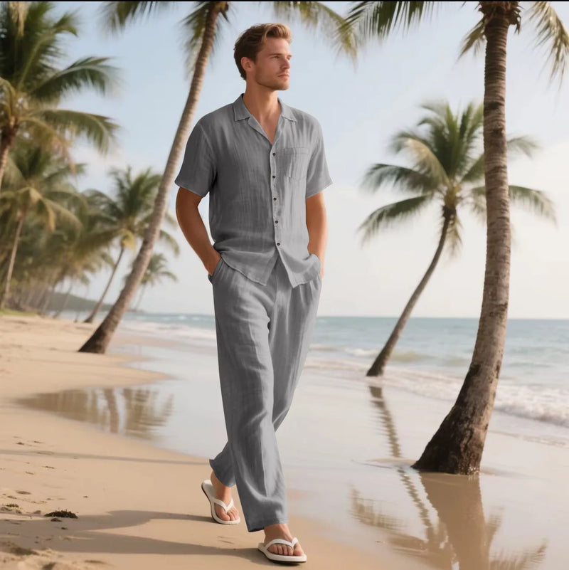 Summer Beach Men's linen short-sleeved shirt set is a two-piece long pants set.