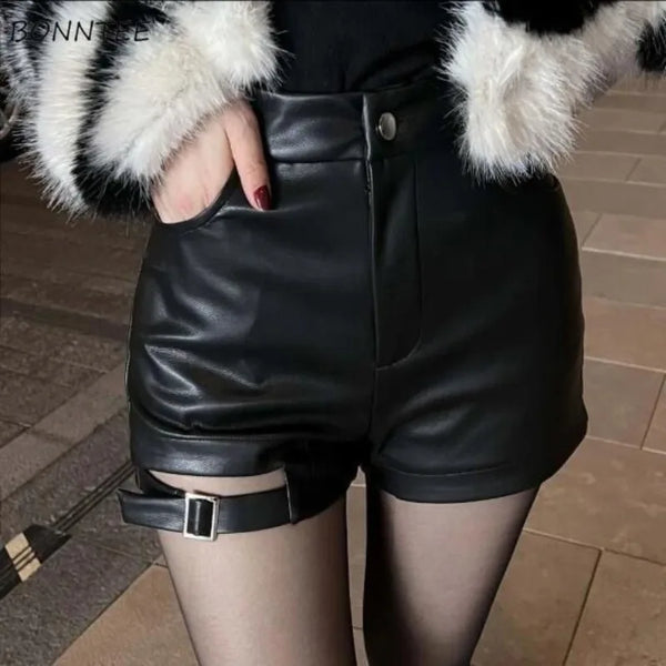 Leather High Waist Casual Shorts Plus Velvet Women Button Solid Hollow.