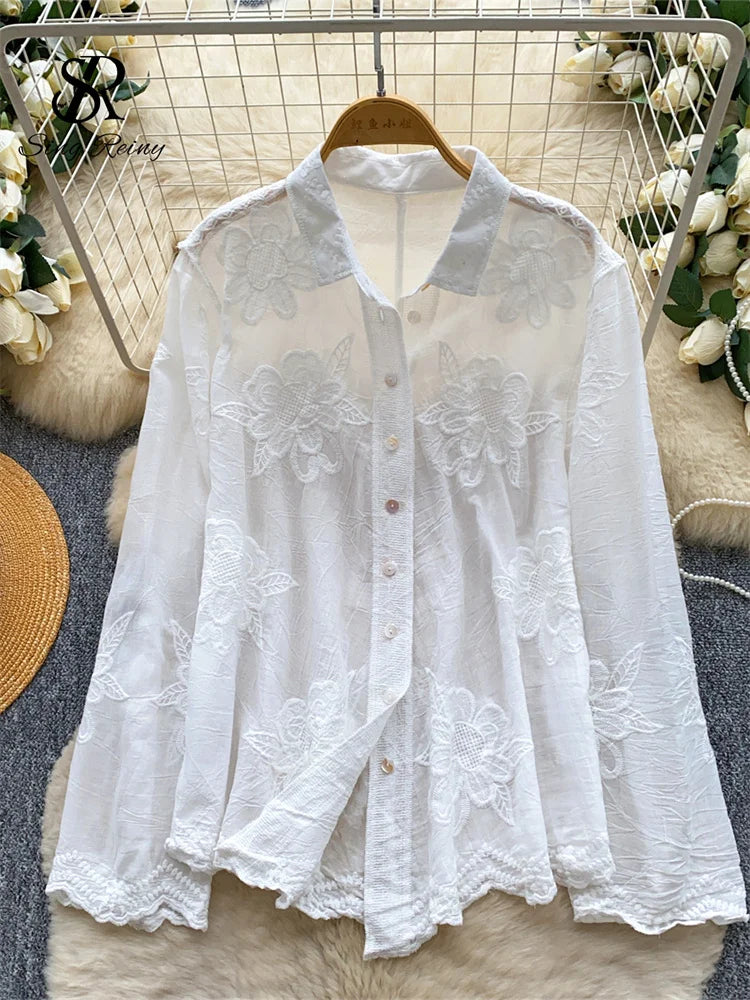 Floral Embroidery Romantic Blouse Button Long Sleeve French Loose Chic Top Female.