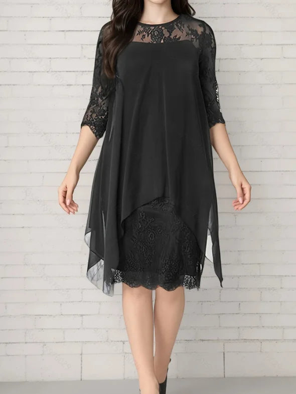 Plus Size Female Dresses Lace Patchwork Asymmetric Hem Loose Waist Three-quarter.
