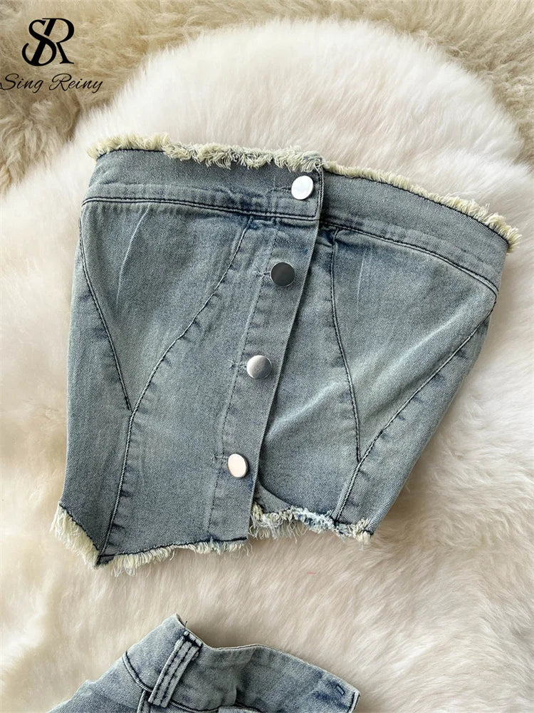 SINGREINY Streetwear Irregular Design Denim Two-piece Set Strapless Button.