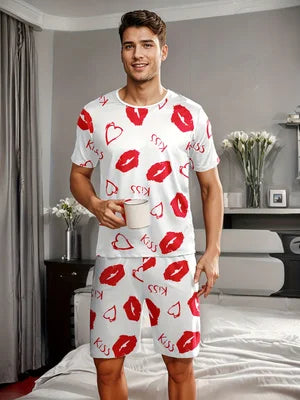 Men's pajama set with lips, "kiss", and heart-shaped prints.
