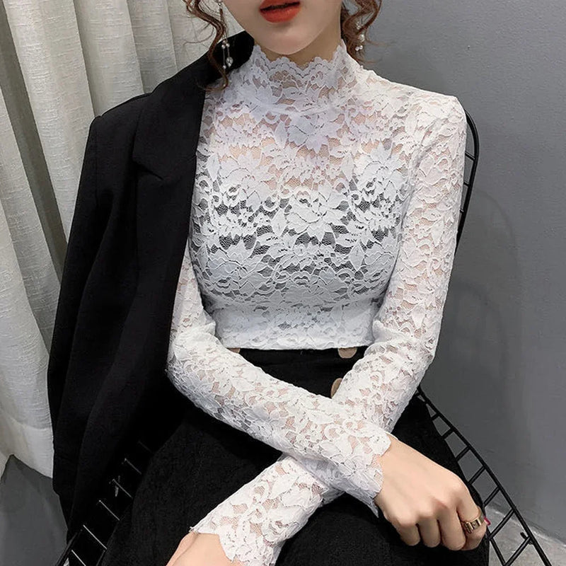 Stretch Floral Lace Petal Sleeve Shirt Women's Long Sleeved T Shirt Ladies.