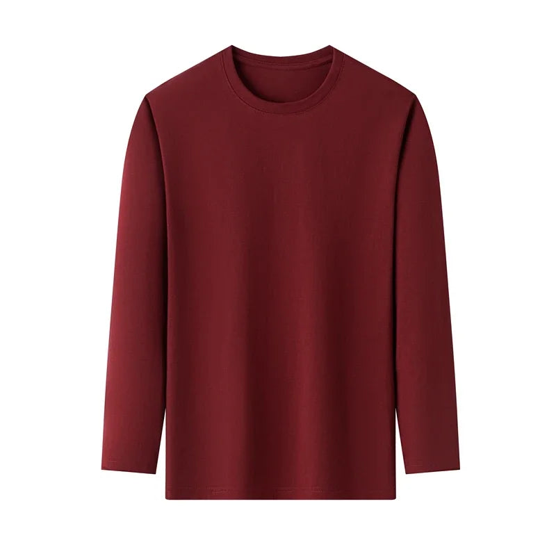 Men's Solid Color Round Neck Cotton Long Sleeved T-shirt.