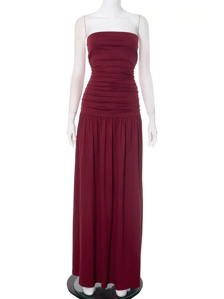 Mozision Off-shoulder Strapless Pleated Sexy Maxi Dress Women.