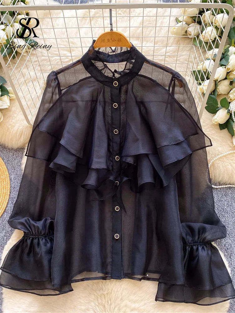 SINGREINY Feminine Ruffles Chiffon Blouse Puff Sleeve French Style Office.