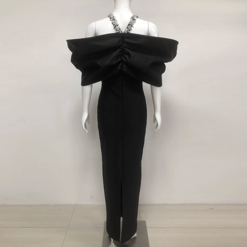 Red Black Women Sexy Halter Off the Shoulder Crystal Ruffles Bodycon Long Bandage Dress.