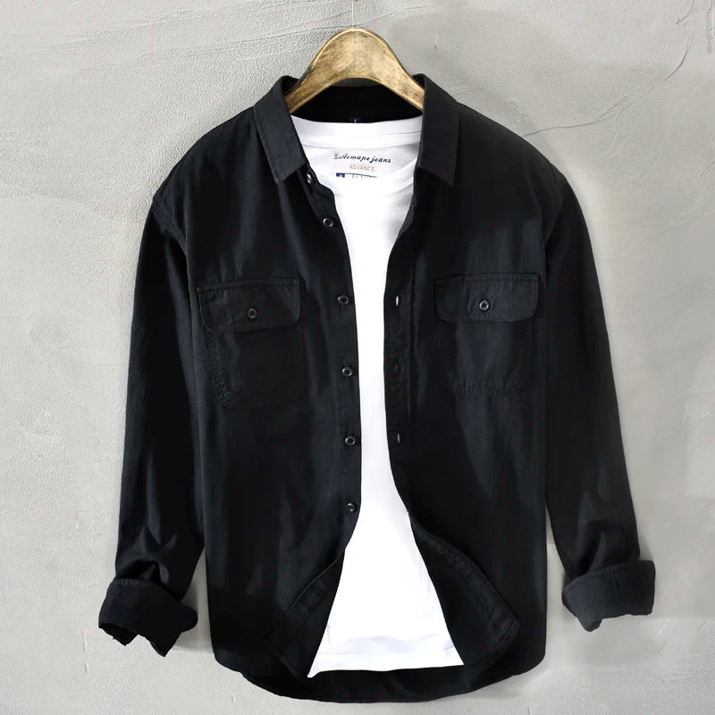 Mens Vintage Shirt Male Lone Sleeve Cargo Shirts Cotton Casual Solid Shirt.