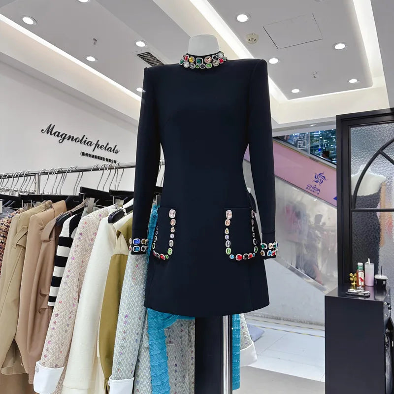 Women's Colorful Diamond Standing Neck Long Sleeve Dress.