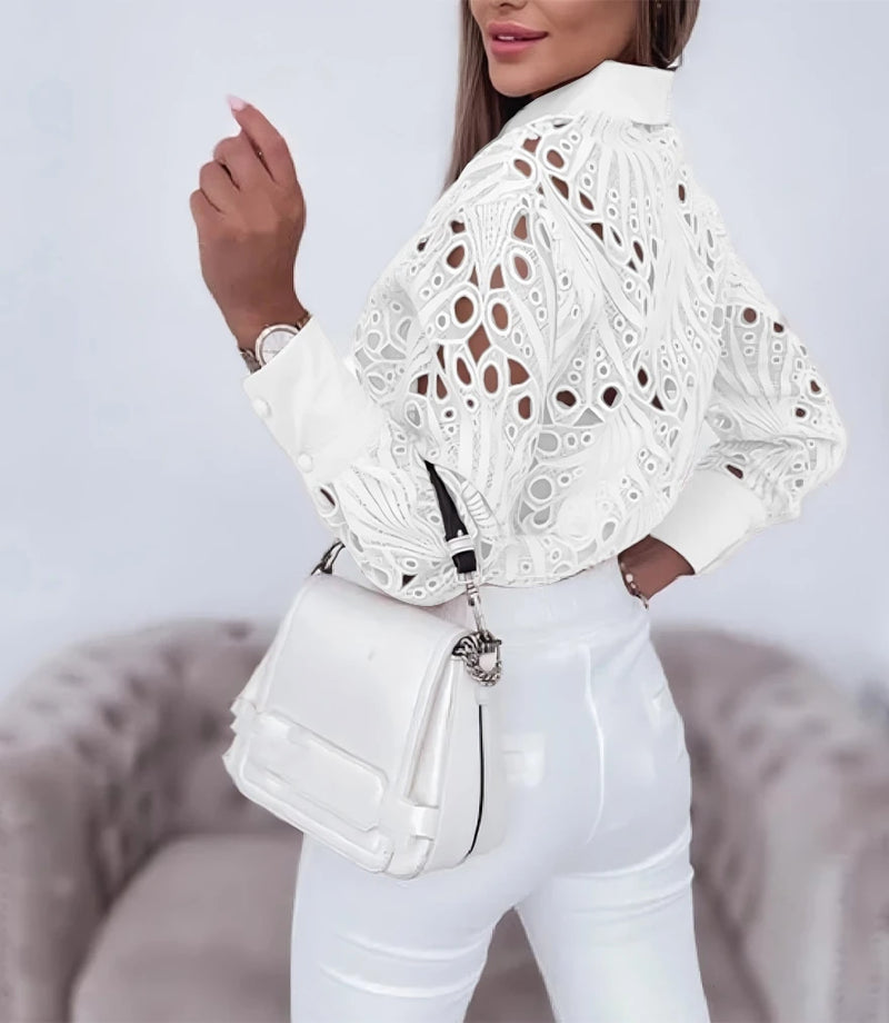 Women's Blouses Hollowed Out Long Sleeved Shirt Casual Solid Button Up.