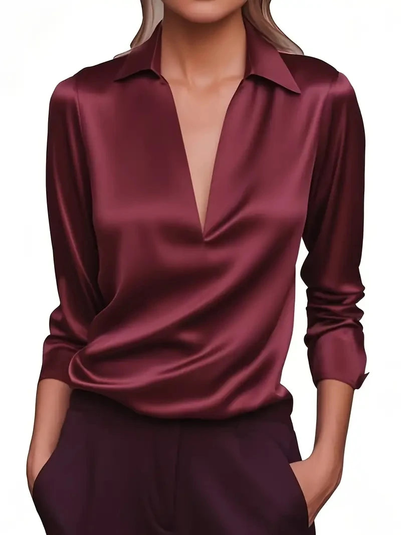 Women's Elegant Dressy Satin Work Shirt Plain Modern Casual Long Sleeve.