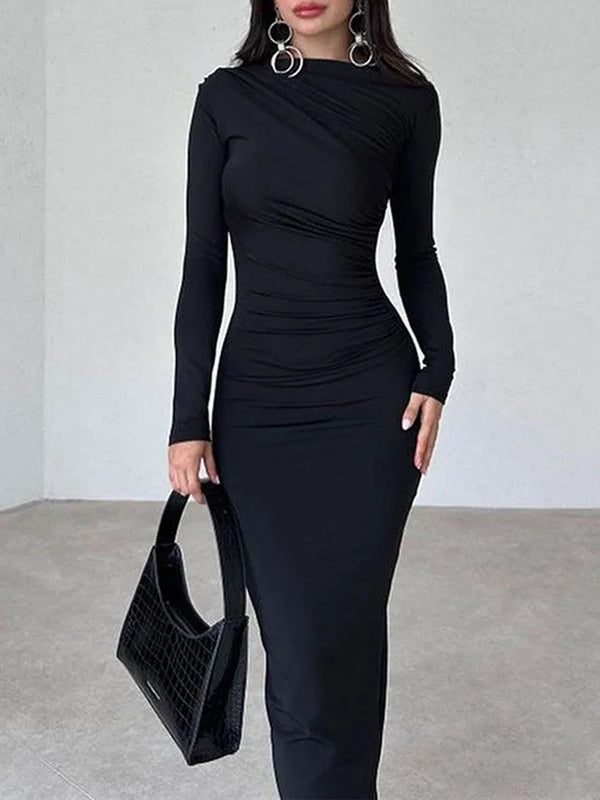 Women’s Elegant Solid Black Bodycon Maxi Dress.