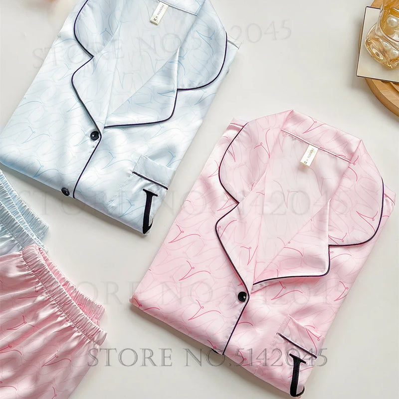 Pink Print Women 2PCS Pajams Set Spring Summer Sleepwear Loungewear.