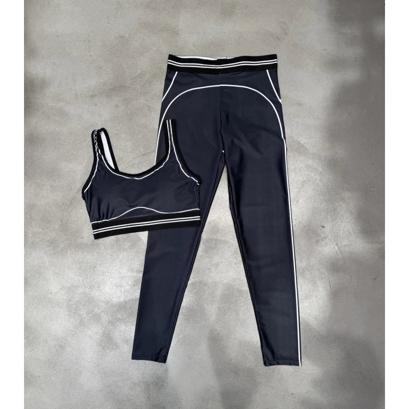 AL* Yoga Set: Striped color-blocked design elongates proportions.