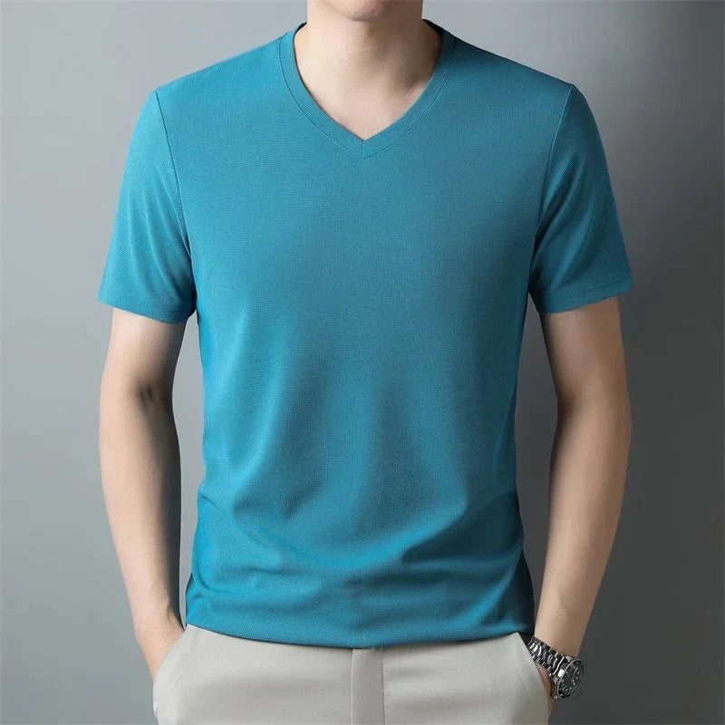 Men's New Waffle V Neck Short Sleeved T-shirt Summer Comfortable Top.