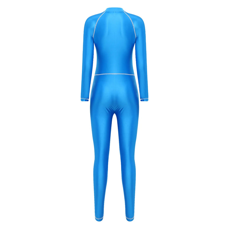 Women Full-body Coverage Rash Guard Bathing Suit Mock Neck Long Sleeves.