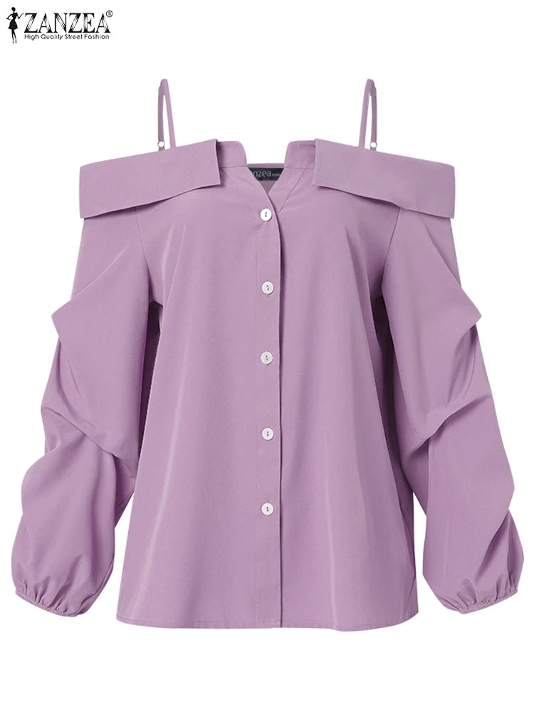 ZANZEA Fashion Shirts Women Sexy Off Shoulder Blouse Summer.