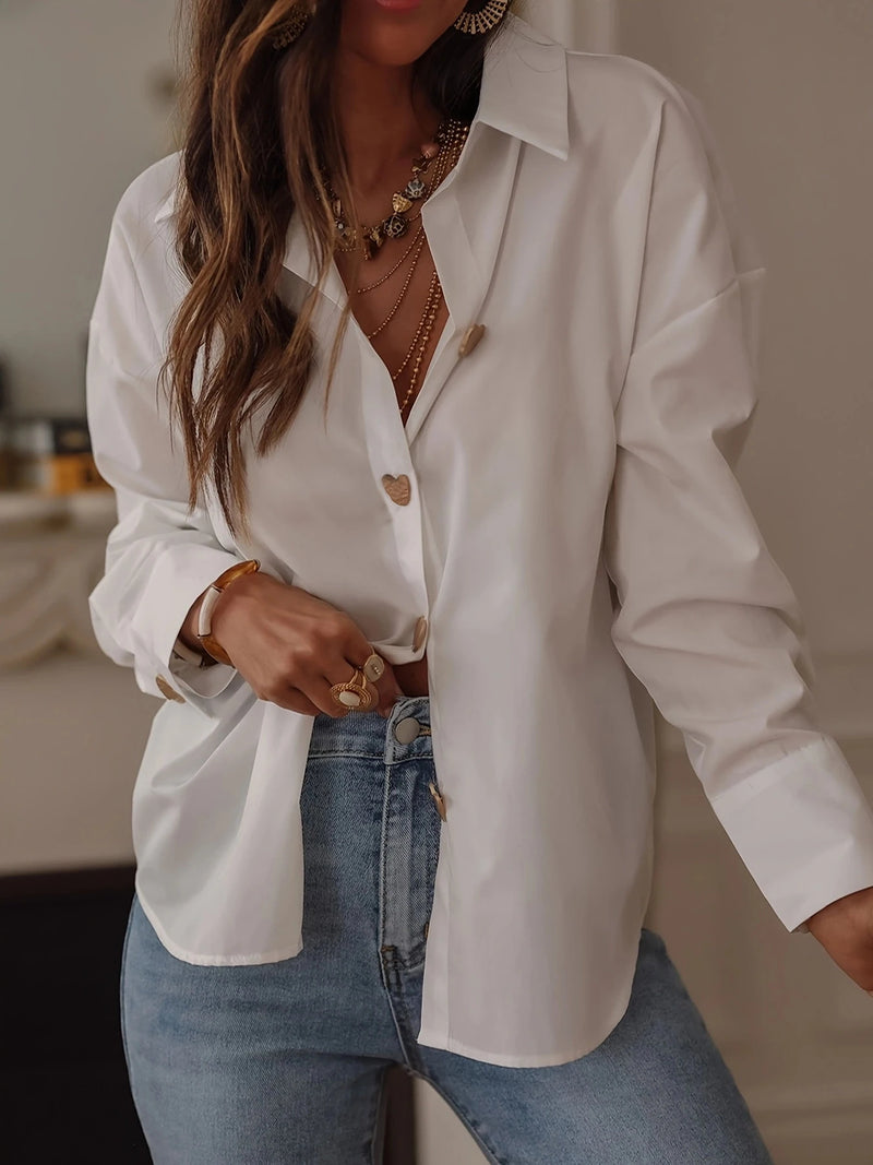Ladies fashion solid color button-down shirt.
