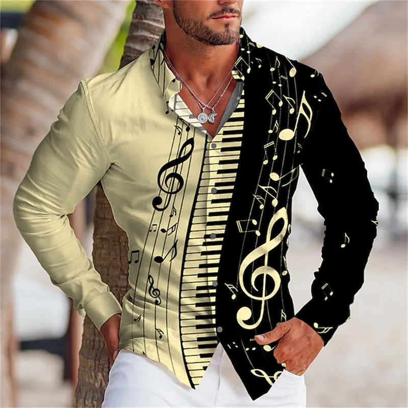Summer Men's Long Sleeves Shirt with Musical Instrument Symbol Pattern Printed.