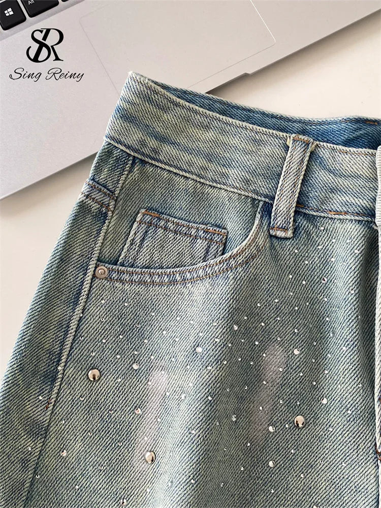 SINGREINY Beading Denim Streetwear Shorts Ladies Slim.