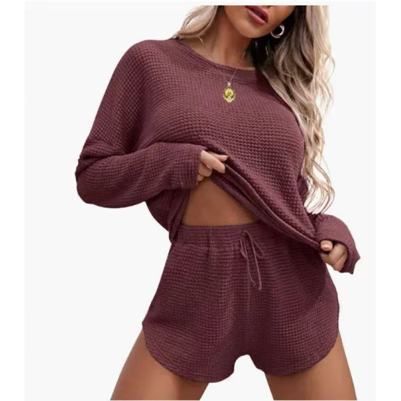Women's Solid Pajamas Set Long Sleeve Round Neck Top And Shorts Sleepwear.